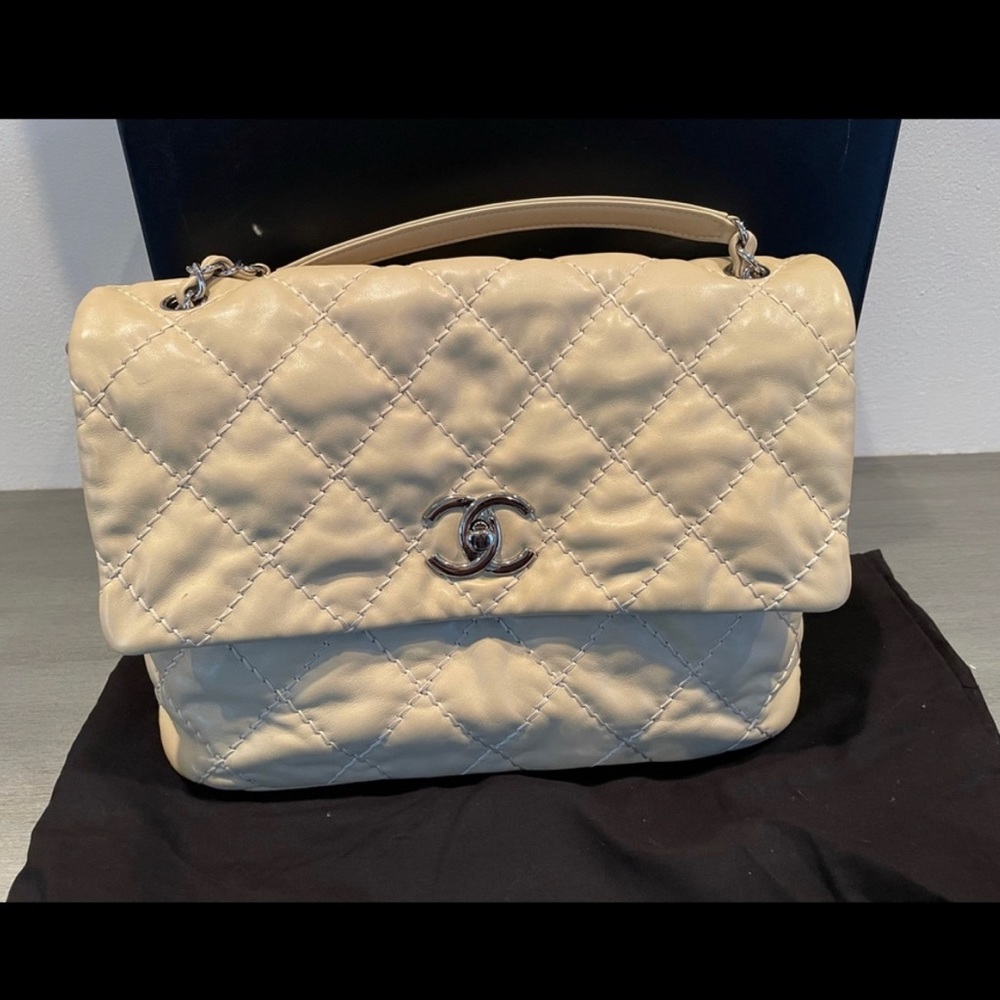 CHANEL Calfskin “Love me Tender Flap Bag” Light Beige w/Bag/Box 100%